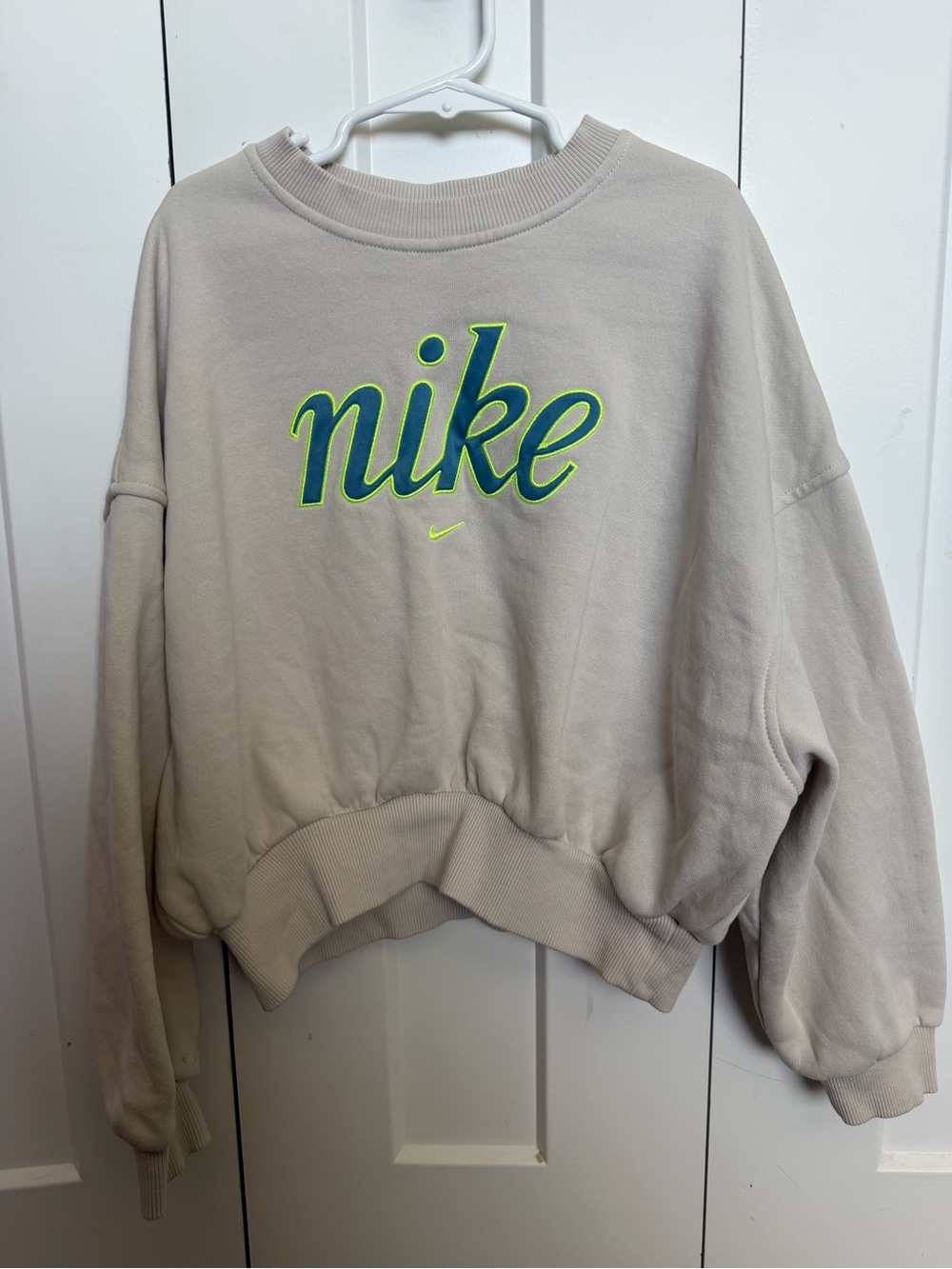 Nike Crewneck Sweatshirt in Light Beige with Neon Green & Blue Logo
